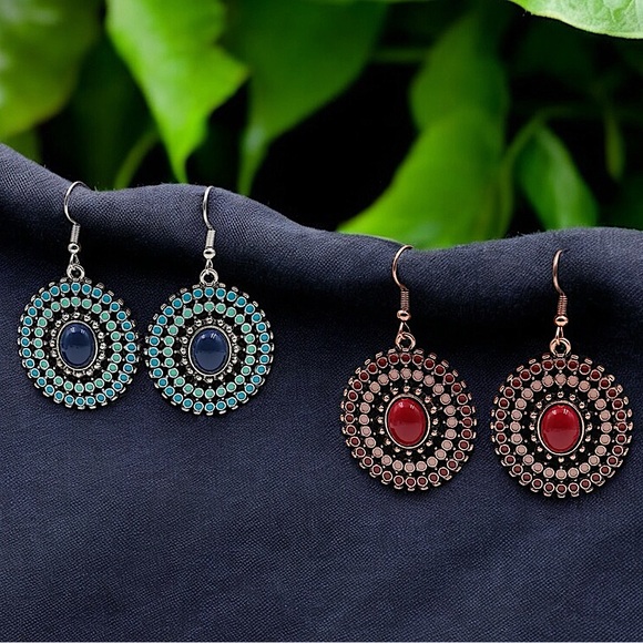 medallion mandala metal enamel dangle hook earrings set stone red blue✨BRAND-NEW - Picture 1 of 3